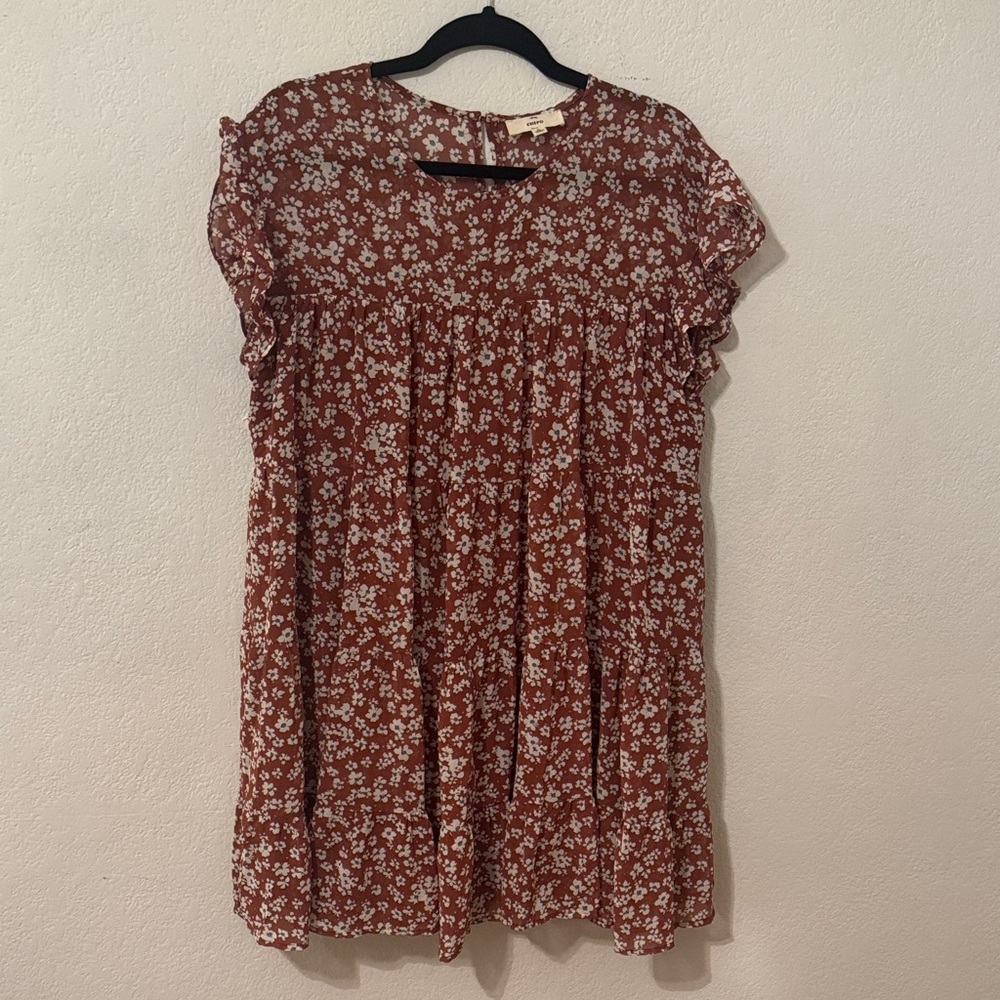 entro Rust Floral Ruffle-Sleeve Mini Dress